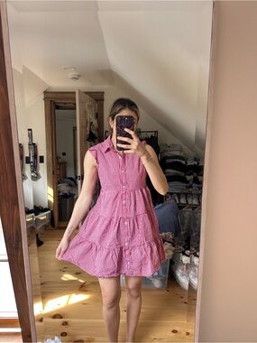 Women's Pink Gingham Tiered Shirt Dress